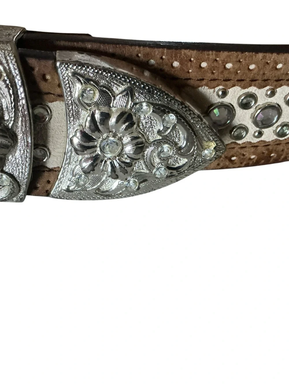 90s Vtg ARIAT belt brown embroidered leather silver floral buckle & rhinestones